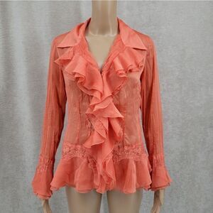 MK Solo Coquettegirl Coral Color Poet Blouse Y2K Taffeta Satin Lace Ruffled